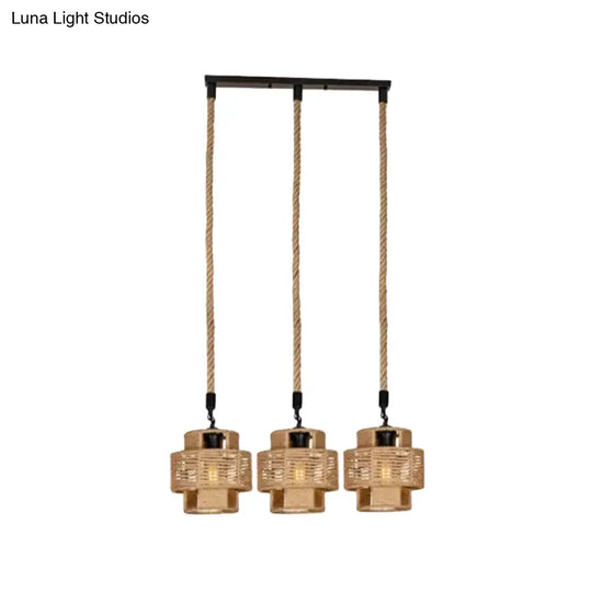 Lodge Style Pendant Light With Double Shade In Brown - Round/Linear Canopy 3/6 Lights Roped Hanging