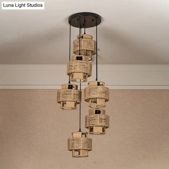 Rustic Canopy Pendant Light With Dual Shade - 3/6 Lights In Brown