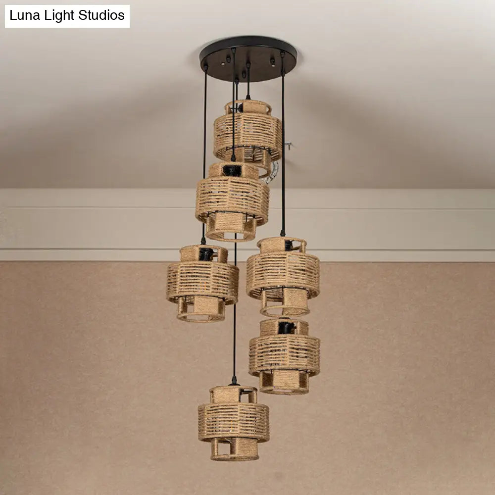 Lodge Style Pendant Light With Double Shade In Brown - Round/Linear Canopy 3/6 Lights Roped Hanging