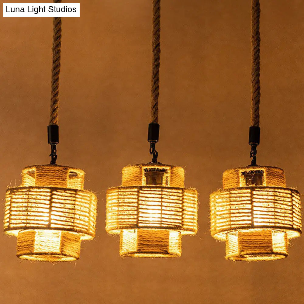 Lodge Style Pendant Light With Double Shade In Brown - Round/Linear Canopy 3/6 Lights Roped Hanging