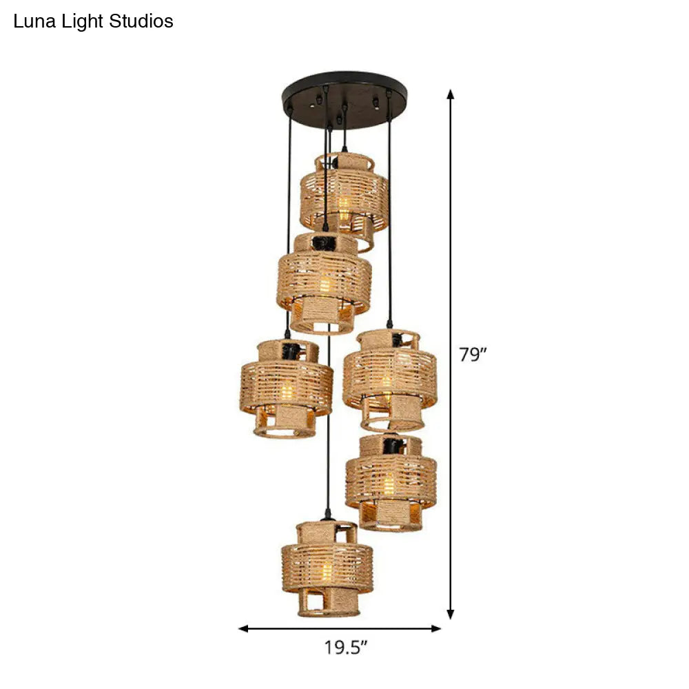 Lodge Style Pendant Light With Double Shade In Brown - Round/Linear Canopy 3/6 Lights Roped Hanging