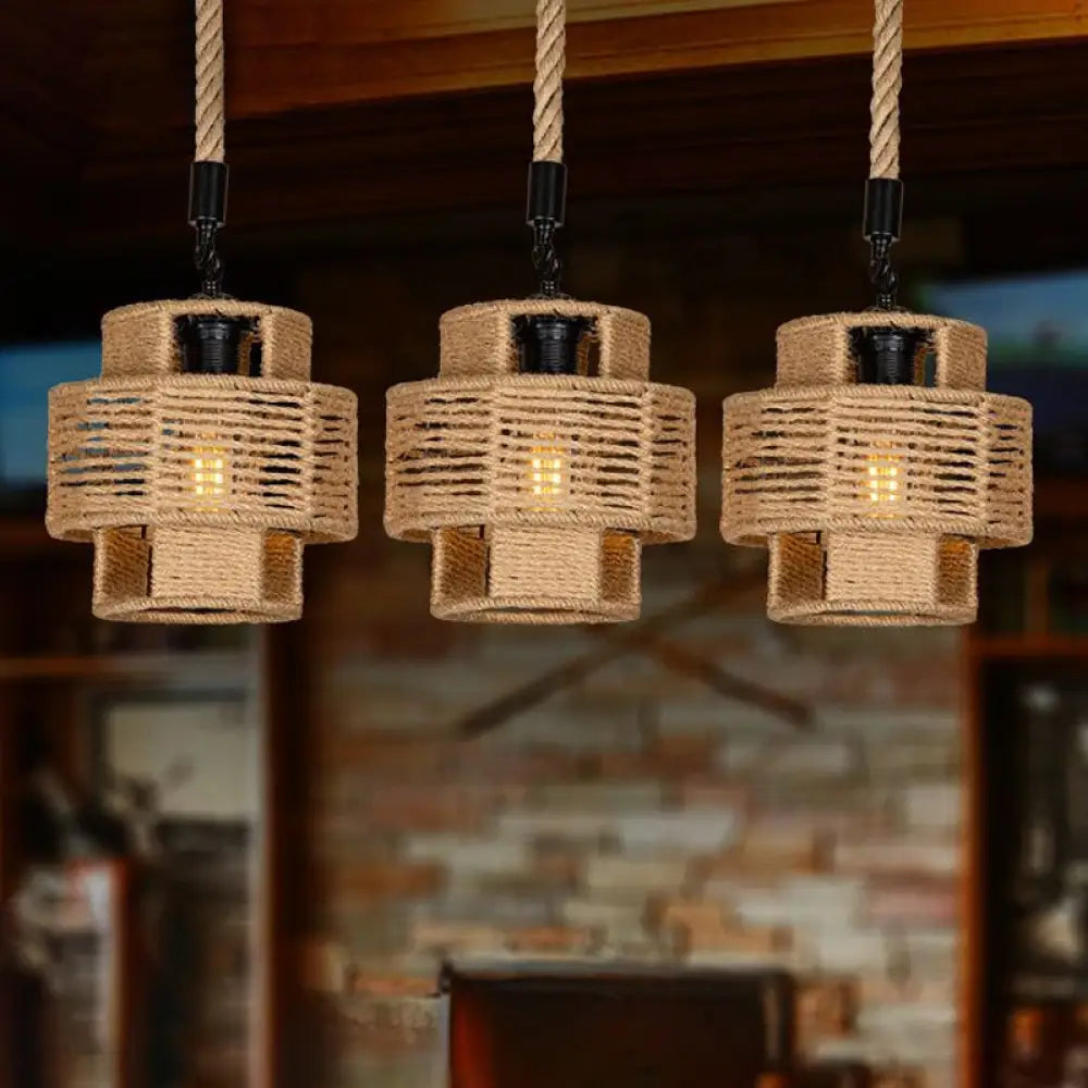Rustic Canopy Pendant Light With Dual Shade - 3/6 Lights In Brown / Linear