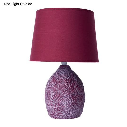 Rustic Carved Rose Pot Night Lamp With Ceramic Table Light - Purple/Red Tapered Drum Shade