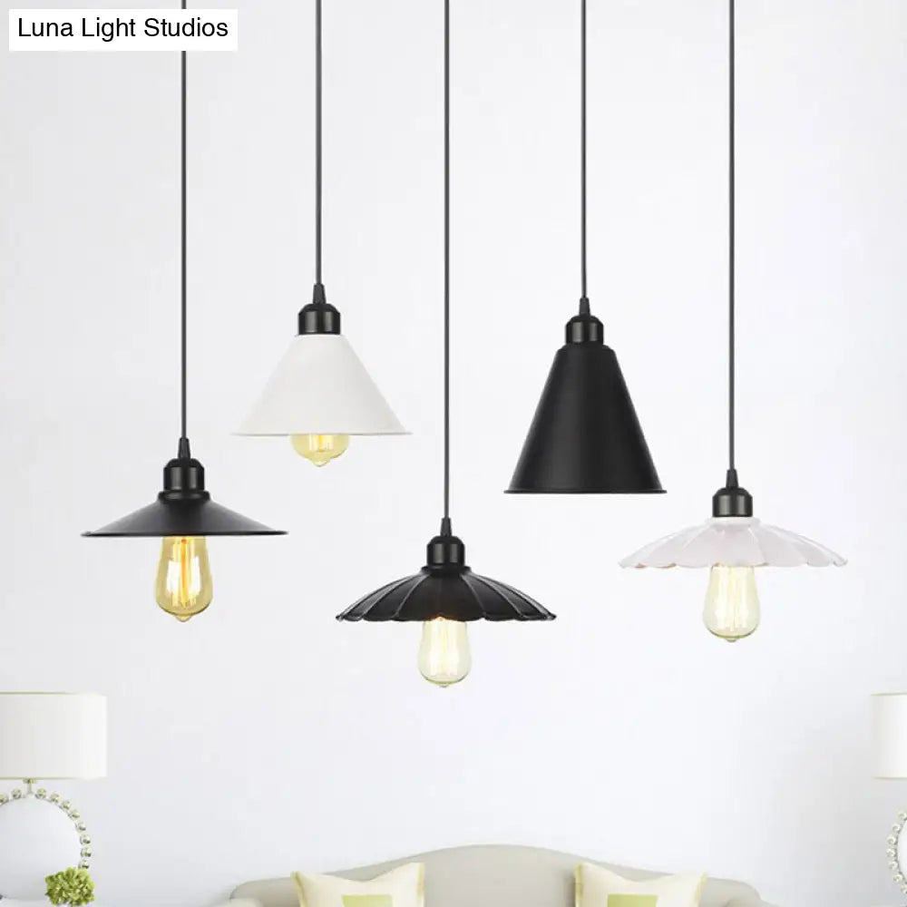 Rustic Ceiling Lamp With Flared Iron Shade For Living Room - Black/White Pendant Light Kit