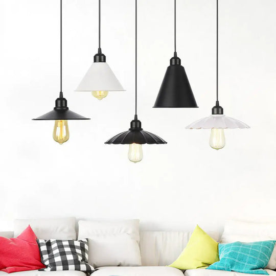 Rustic Ceiling Lamp With Flared Iron Shade For Living Room - Black/White Pendant Light Kit White / B