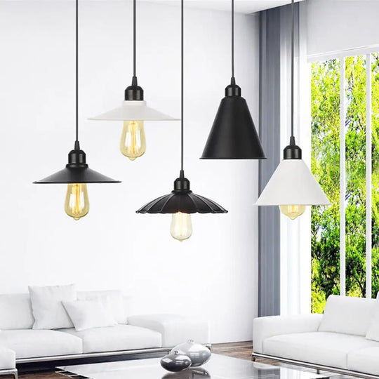 Rustic Ceiling Lamp With Flared Iron Shade For Living Room - Black/White Pendant Light Kit Black / C