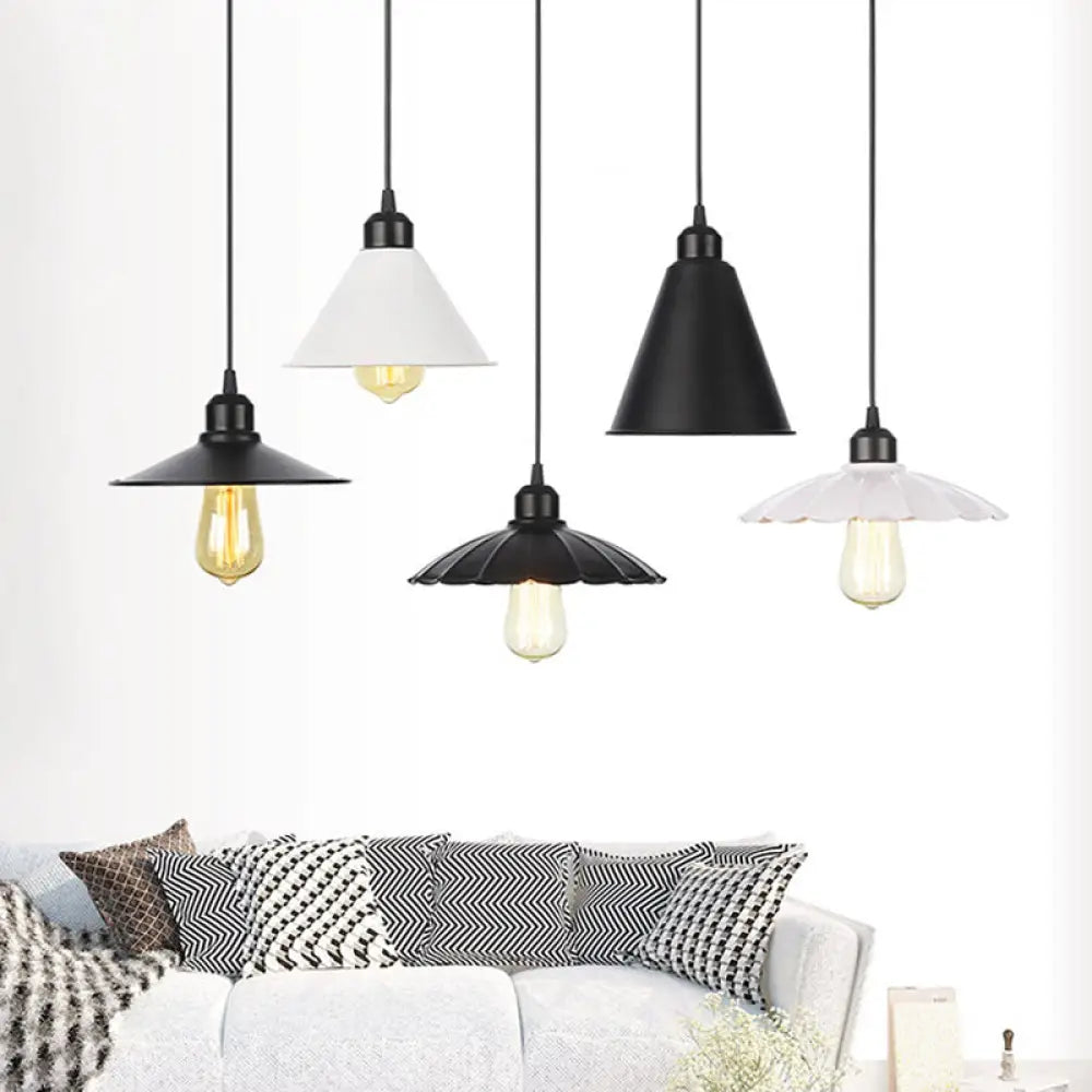 Rustic Ceiling Lamp With Flared Iron Shade For Living Room - Black/White Pendant Light Kit White / D
