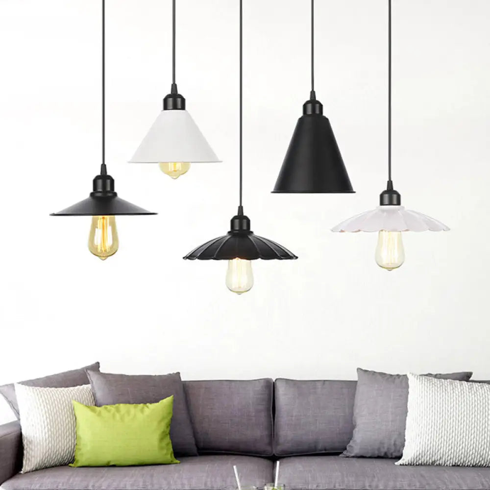 Rustic Ceiling Lamp With Flared Iron Shade For Living Room - Black/White Pendant Light Kit Black / D