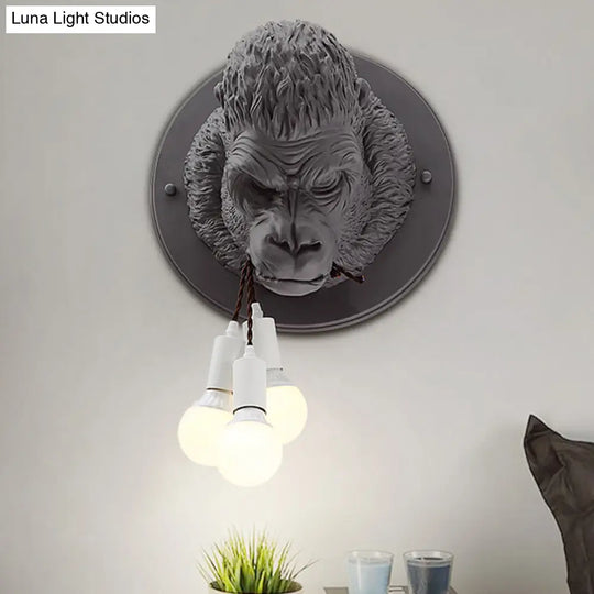 Rustic Chimpanzee Resin Wall Lamp Sconce With 3 Grey/White Heads - Perfect Living Room Fixture