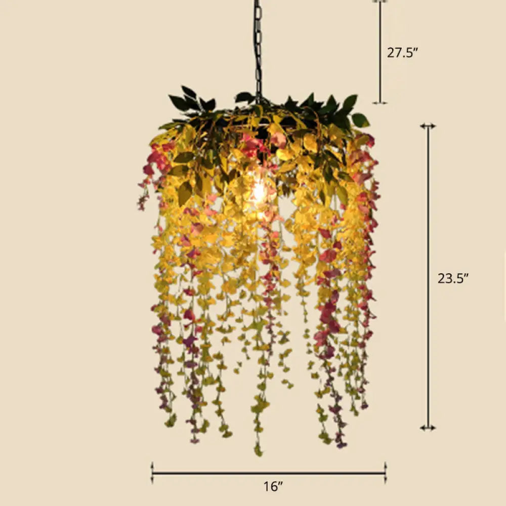 Rustic Circle Hanging Lamp - Single Metal Pendant Light With Artificial Flower And Leaf Green-Yellow