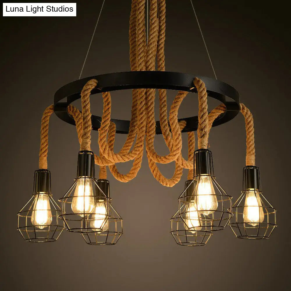 Rustic Iron Pendant Light With Hemp Rope And Cage 6-Bulb Ceiling Chandelier For Restaurants In Brown