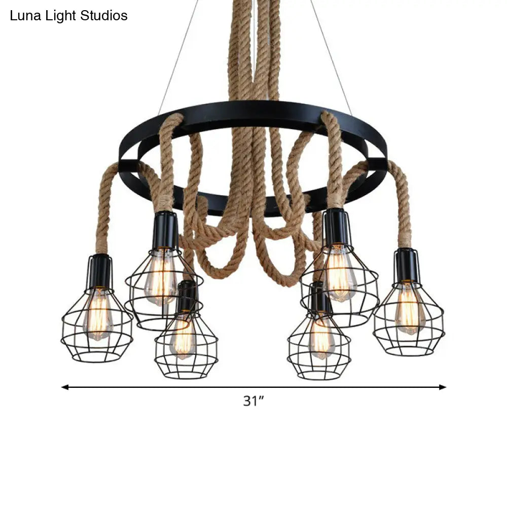 Rustic Circular Iron Pendant Light With Hemp Rope And Cage - 6 Bulb Brown Chandelier For Restaurants