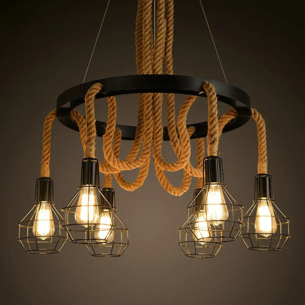 Rustic Circular Iron Pendant Light With Hemp Rope And Cage - 6 Bulb Brown Chandelier For Restaurants