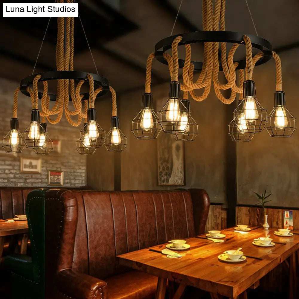 Rustic Circular Iron Pendant Light With Hemp Rope And Cage - 6 Bulb Brown Chandelier For Restaurants