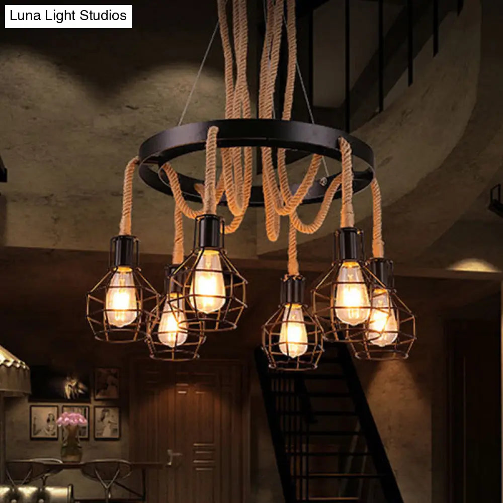 Rustic Circular Iron Pendant Light With Hemp Rope And Cage - 6 Bulb Brown Chandelier For Restaurants