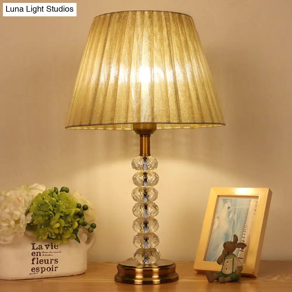 Rustic Clear Crystal Night Table Lamp - Pleated Shade 1 Light Bedroom Nightstand (Beige)