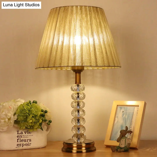 Rustic Clear Crystal Night Table Lamp - Pleated Shade 1 Light Bedroom Nightstand (Beige)