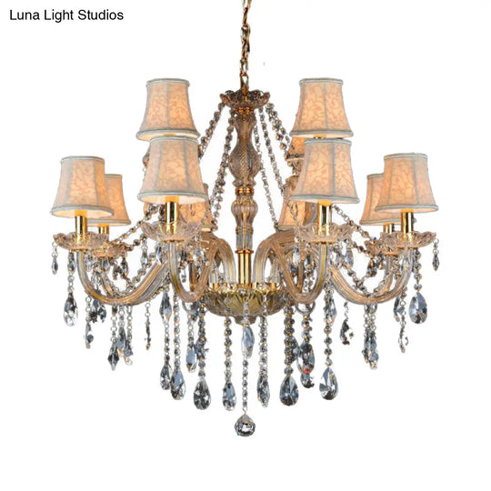 Rustic Clear Crystal Pendant Chandelier: 6/8/10 Heads Beige Hanging Ceiling Light With Fabric Shade