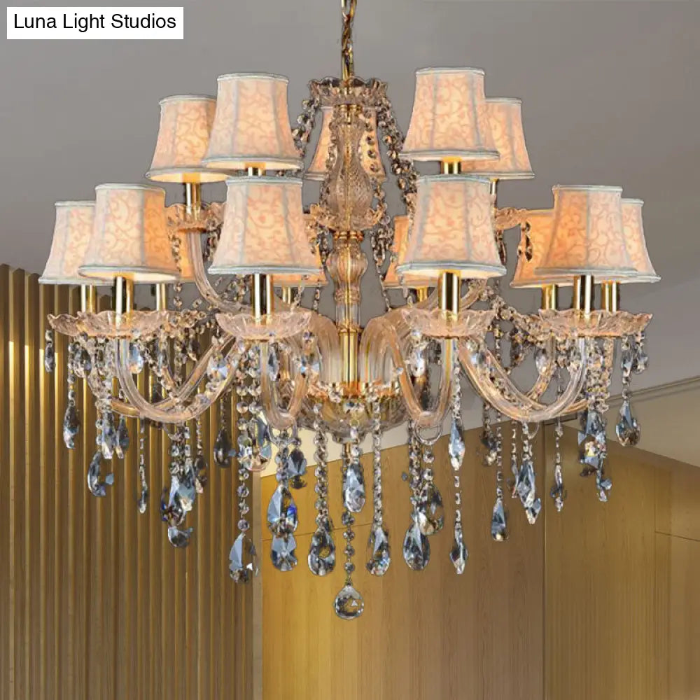 Rustic Clear Crystal Pendant Chandelier: 6/8/10 Heads Beige Hanging Ceiling Light With Fabric Shade