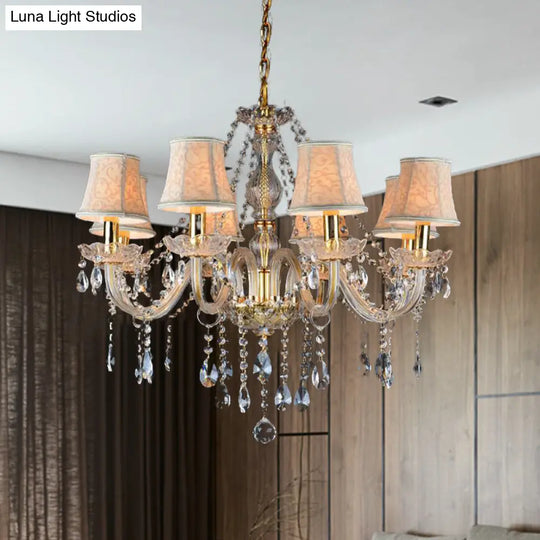 Rustic Clear Crystal Pendant Chandelier: 6/8/10 Heads Beige Hanging Ceiling Light With Fabric Shade