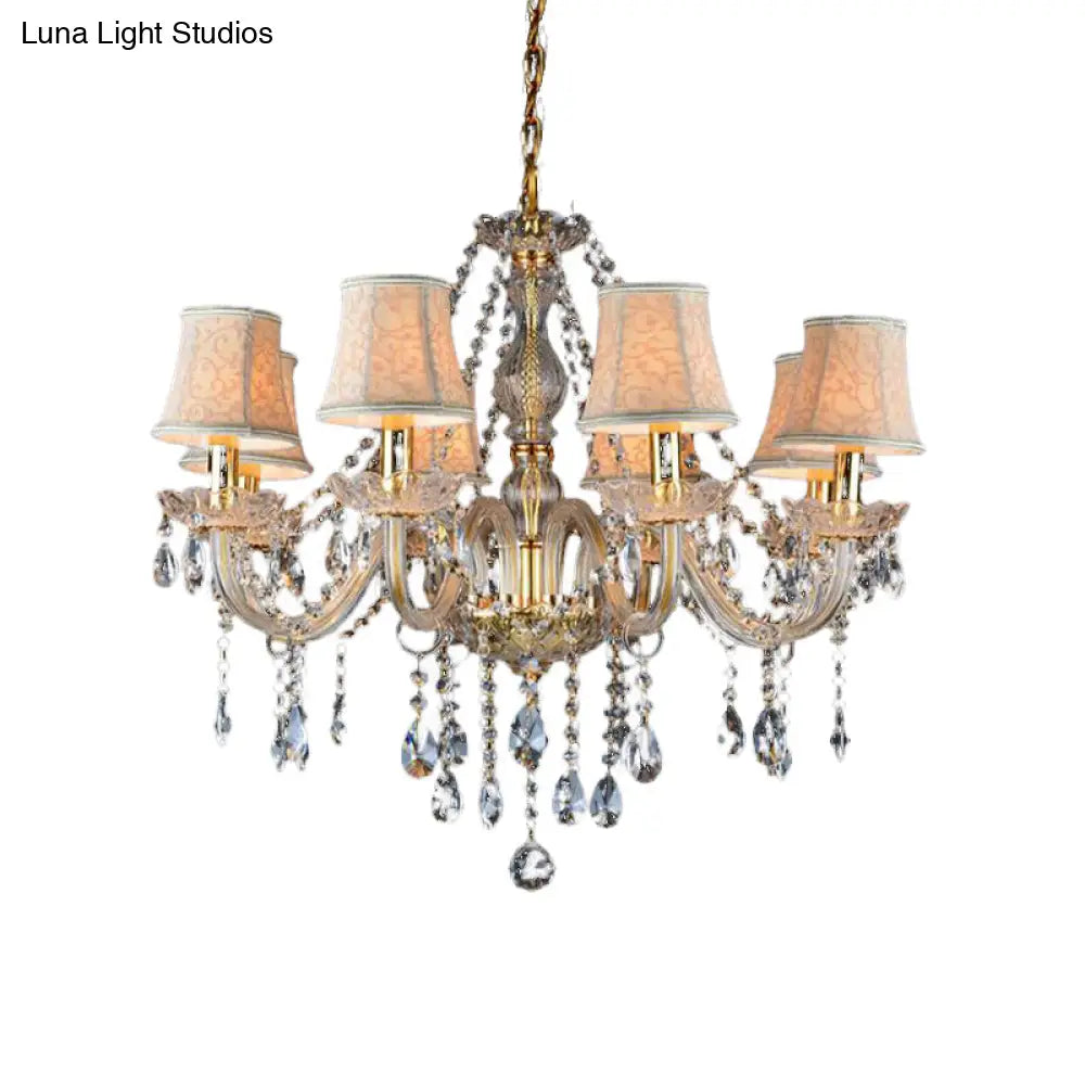 Rustic Clear Crystal Pendant Chandelier: 6/8/10 Heads Beige Hanging Ceiling Light With Fabric Shade