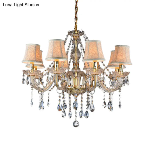 Rustic Clear Crystal Pendant Chandelier: 6/8/10 Heads Beige Hanging Ceiling Light With Fabric Shade