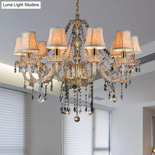 Rustic Clear Crystal Pendant Chandelier: 6/8/10 Heads Beige Hanging Ceiling Light With Fabric Shade