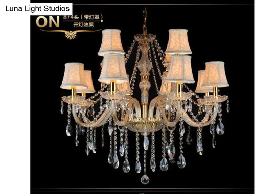 Rustic Clear Crystal Pendant Chandelier: 6/8/10 Heads Beige Hanging Ceiling Light With Fabric Shade