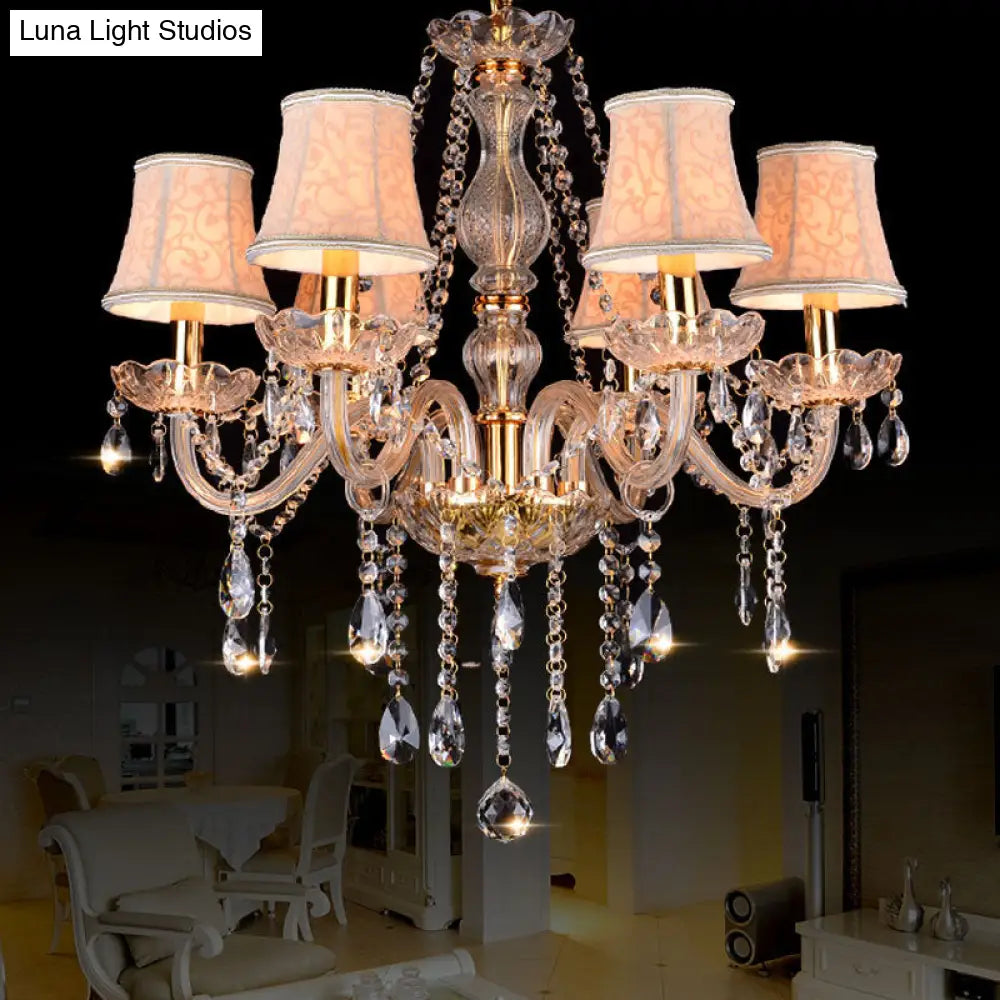 Rustic Clear Crystal Pendant Chandelier: 6/8/10 Heads Beige Hanging Ceiling Light With Fabric Shade