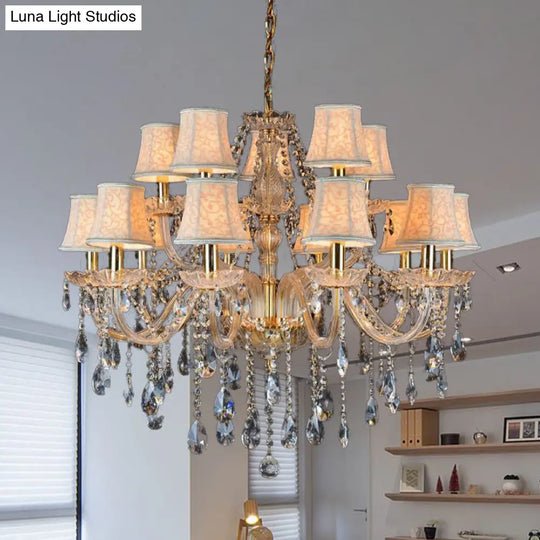 Rustic Clear Crystal Pendant Chandelier: 6/8/10 Heads Beige Hanging Ceiling Light With Fabric Shade