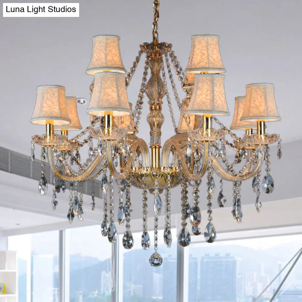 Rustic Clear Crystal Pendant Chandelier: 6/8/10 Heads Beige Hanging Ceiling Light With Fabric Shade