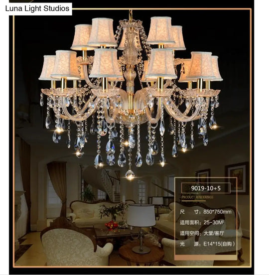 Rustic Clear Crystal Pendant Chandelier: 6/8/10 Heads Beige Hanging Ceiling Light With Fabric Shade