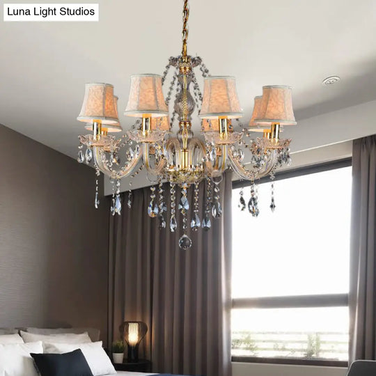 Rustic Clear Crystal Pendant Chandelier: 6/8/10 Heads Beige Hanging Ceiling Light With Fabric Shade