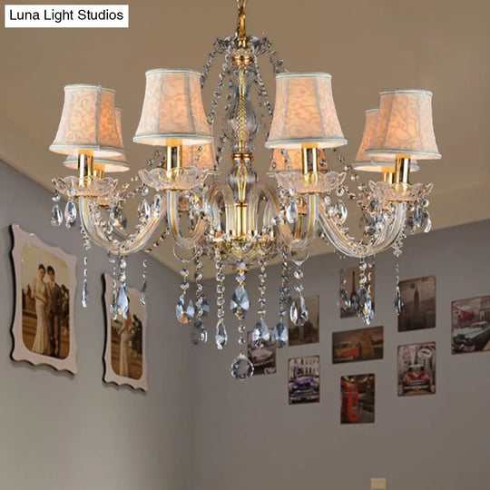 Rustic Clear Crystal Pendant Chandelier: 6/8/10 Heads Beige Hanging Ceiling Light With Fabric Shade