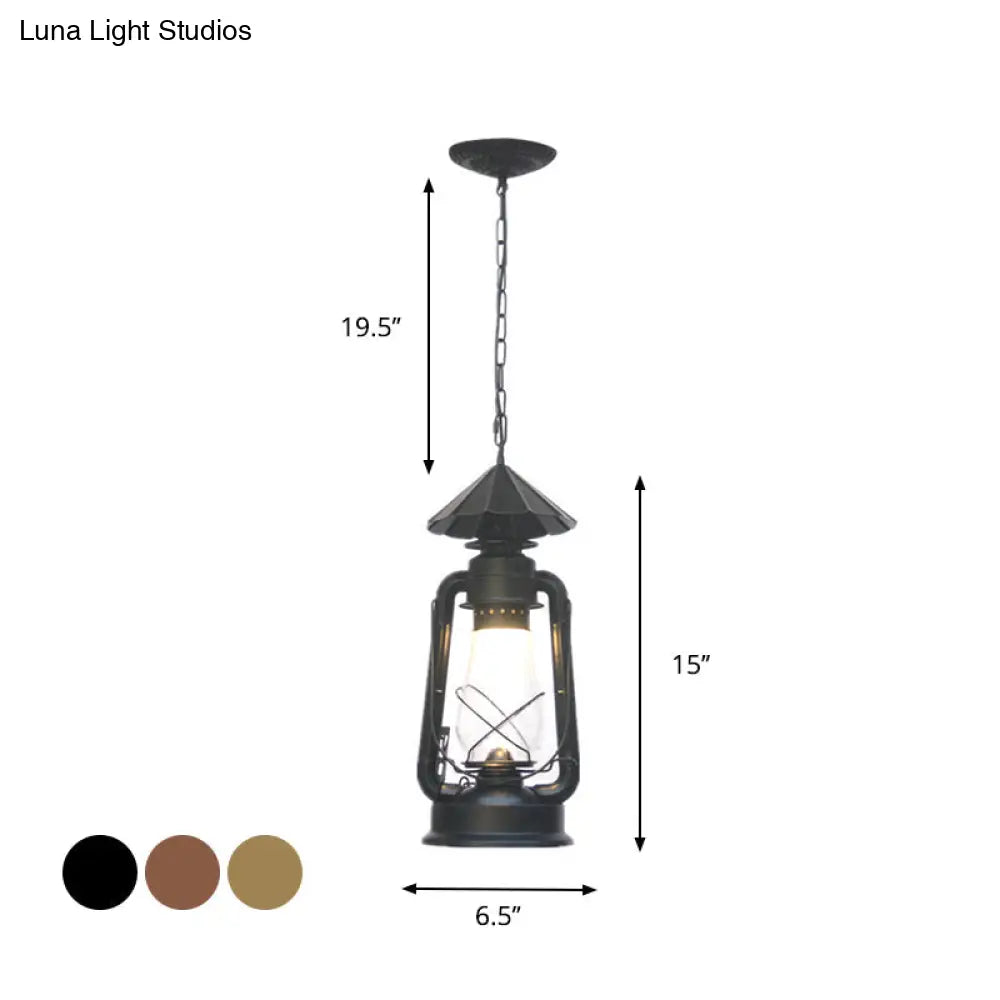 Rustic Clear/Frosted Glass Kerosene Pendant Lamp In Bronze/Copper/Black - 1 Bulb Dining Room