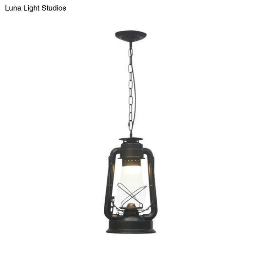 Rustic Clear/Frosted Glass Kerosene Pendant Light: 1-Bulb Dining Room Ceiling Suspension Lamp