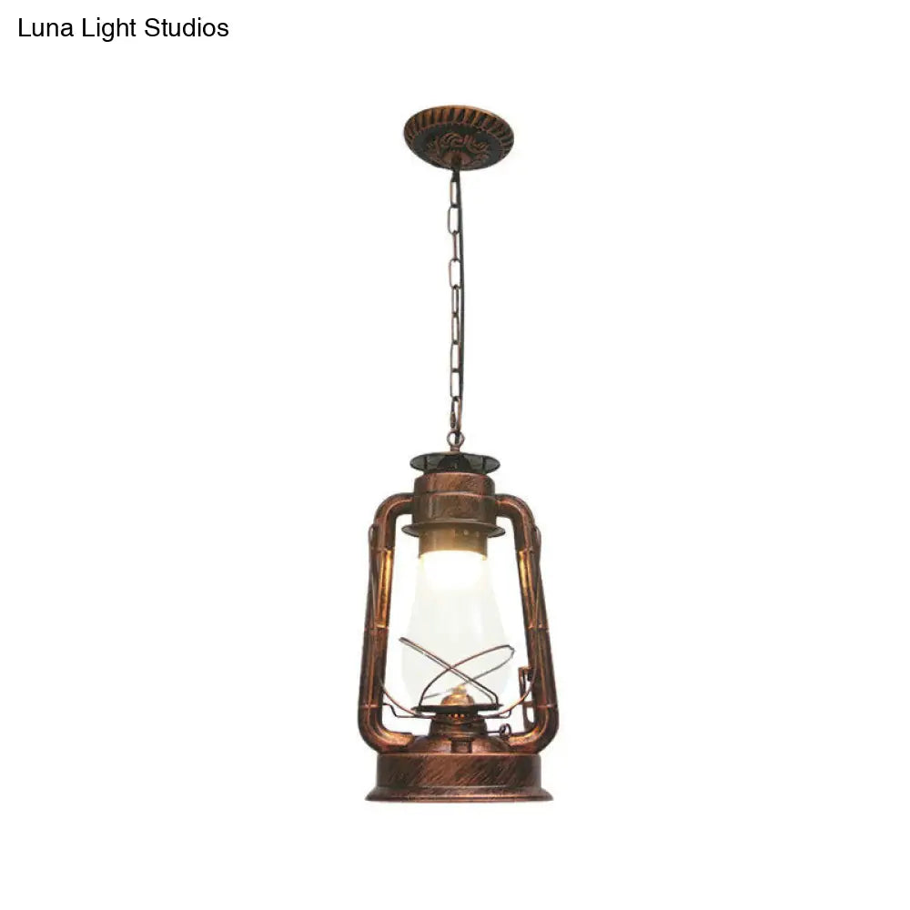 Rustic Clear/Frosted Glass Kerosene Pendant Light: 1-Bulb Dining Room Ceiling Suspension Lamp