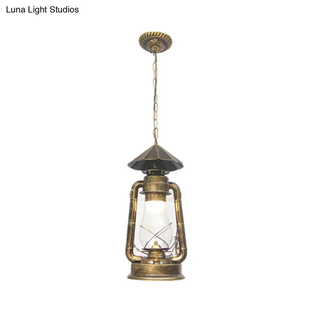 Rustic Clear/Frosted Glass Kerosene Pendant Light: 1-Bulb Dining Room Ceiling Suspension Lamp