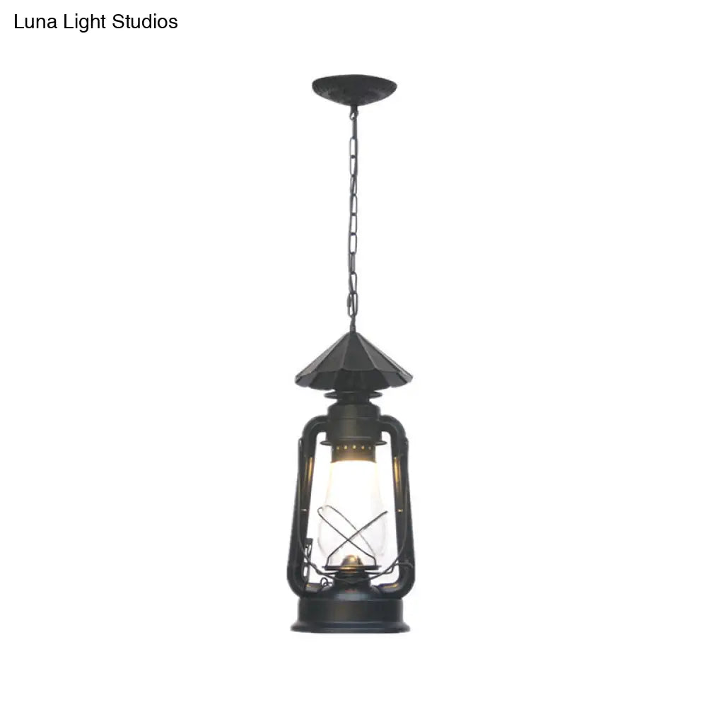 Rustic Clear/Frosted Glass Kerosene Pendant Lamp In Bronze/Copper/Black - 1 Bulb Dining Room