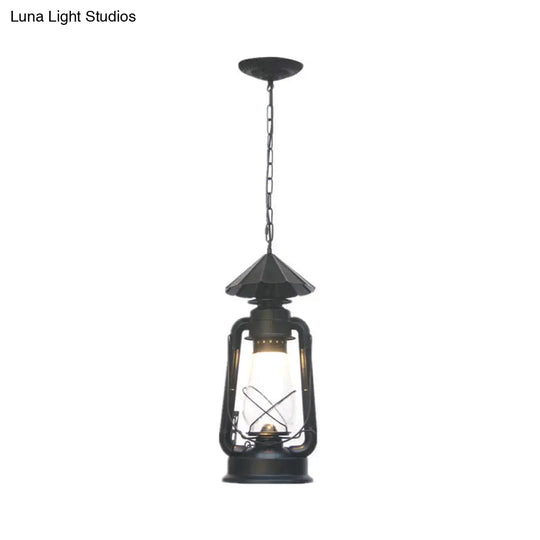 Rustic Clear/Frosted Glass Kerosene Pendant Lamp In Bronze/Copper/Black - 1 Bulb Dining Room