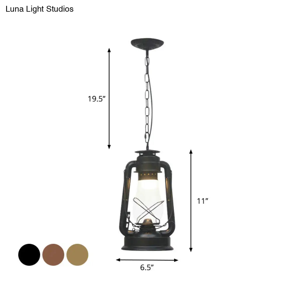 Rustic Clear/Frosted Glass Kerosene Pendant Lamp In Bronze/Copper/Black - 1 Bulb Dining Room