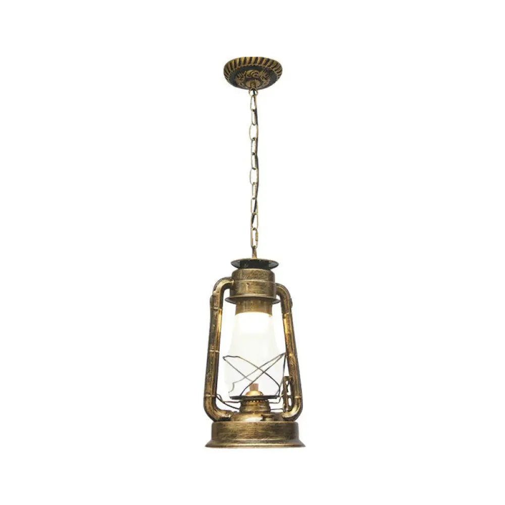 Rustic Clear/Frosted Glass Kerosene Pendant Lamp In Bronze/Copper/Black - 1 Bulb Dining Room