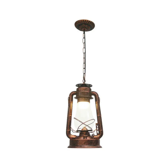 Rustic Clear/Frosted Glass Kerosene Pendant Lamp In Bronze/Copper/Black - 1 Bulb Dining Room