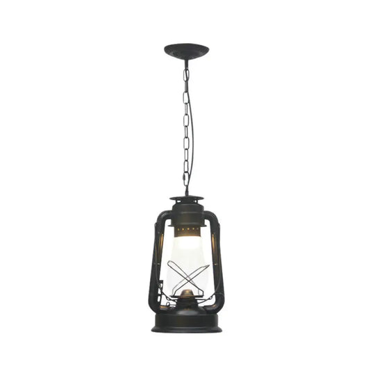 Rustic Clear/Frosted Glass Kerosene Pendant Lamp In Bronze/Copper/Black - 1 Bulb Dining Room