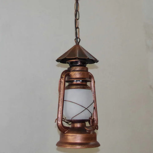 Rustic Clear/Frosted Glass Kerosene Pendant Lamp In Bronze/Copper/Black - 1 Bulb Dining Room