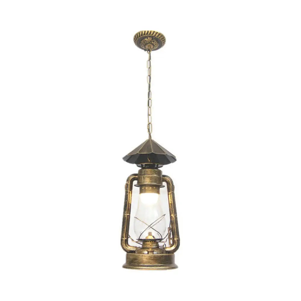 Rustic Clear/Frosted Glass Kerosene Pendant Lamp In Bronze/Copper/Black - 1 Bulb Dining Room