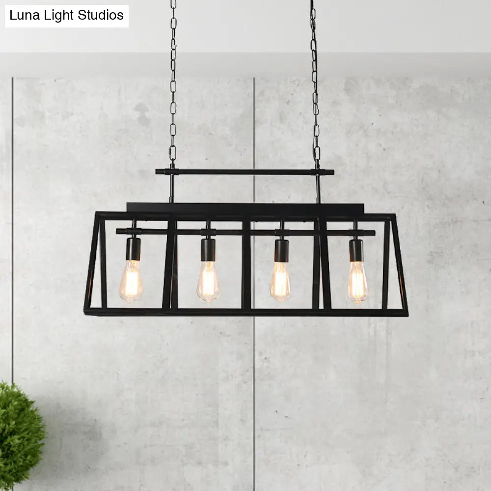 Rustic Clear Glass Island Pendant Light With Triangular Frame And 4 Black Hanging Lamps For Coffee