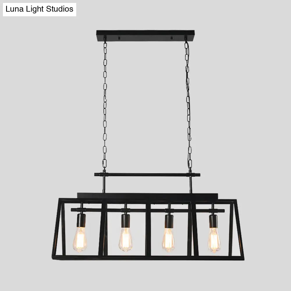 Rustic Clear Glass Island Pendant Light With Triangular Frame And 4 Black Hanging Lamps For Coffee