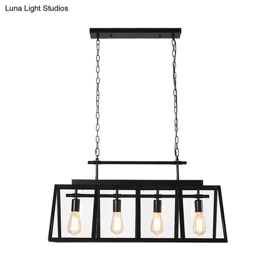 Rustic Clear Glass Island Pendant Light With Triangular Frame And 4 Black Hanging Lamps For Coffee