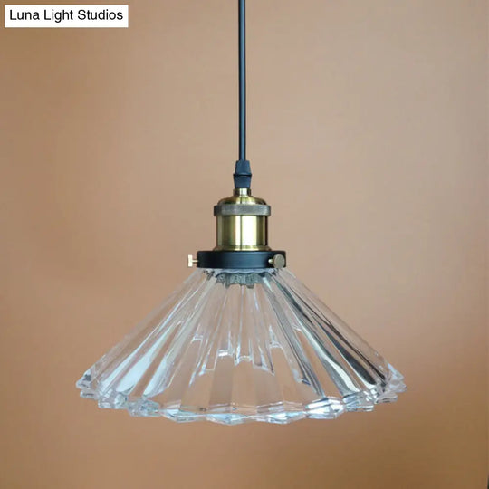 Rustic Clear Ribbed Glass Conical Pendant Light - Single Black Hanging Lamp For Bedroom